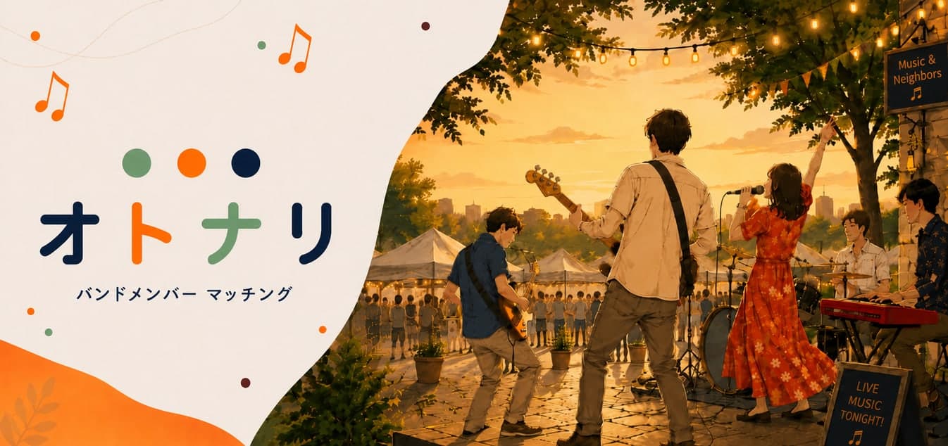 夕暮れの屋外ステージで演奏するバンド — オトナリ バンドメンバー マッチング